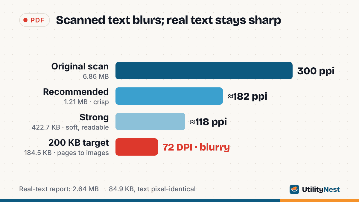 Bar chart of a scanned page's resolution after compression: original 300 ppi at 6.86 MB, Recommended about 182 ppi at 1.21 MB, Strong about 118 ppi at 422.7 KB, and pages turned into images at 72 DPI for a 200 KB target at 184.5 KB, the only level where the footnote blurred badly. A real-text report went from 2.64 MB to 84.9 KB with its text unchanged.