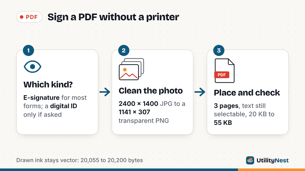 Three-step diagram: 1, check whether the form needs an e-signature or a certificate-based digital ID; 2, turn a 2400 x 1400 photo of a paper signature into a 1141 x 307 transparent PNG; 3, place it on page 3 of a 3-page PDF, which stays 3 pages with identical selectable text and grows from 20,055 to 55,433 bytes.
